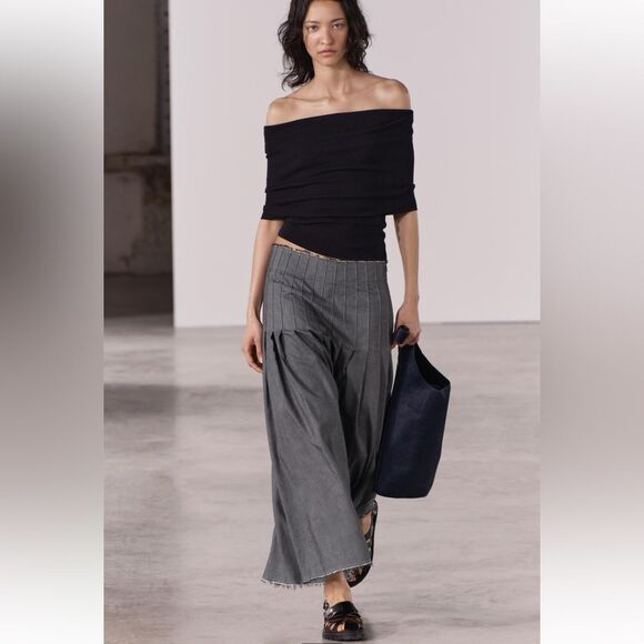 ZARA BNWT 2024. BLUE GREY PLEATED MIDI LONG SKIRT Skirts